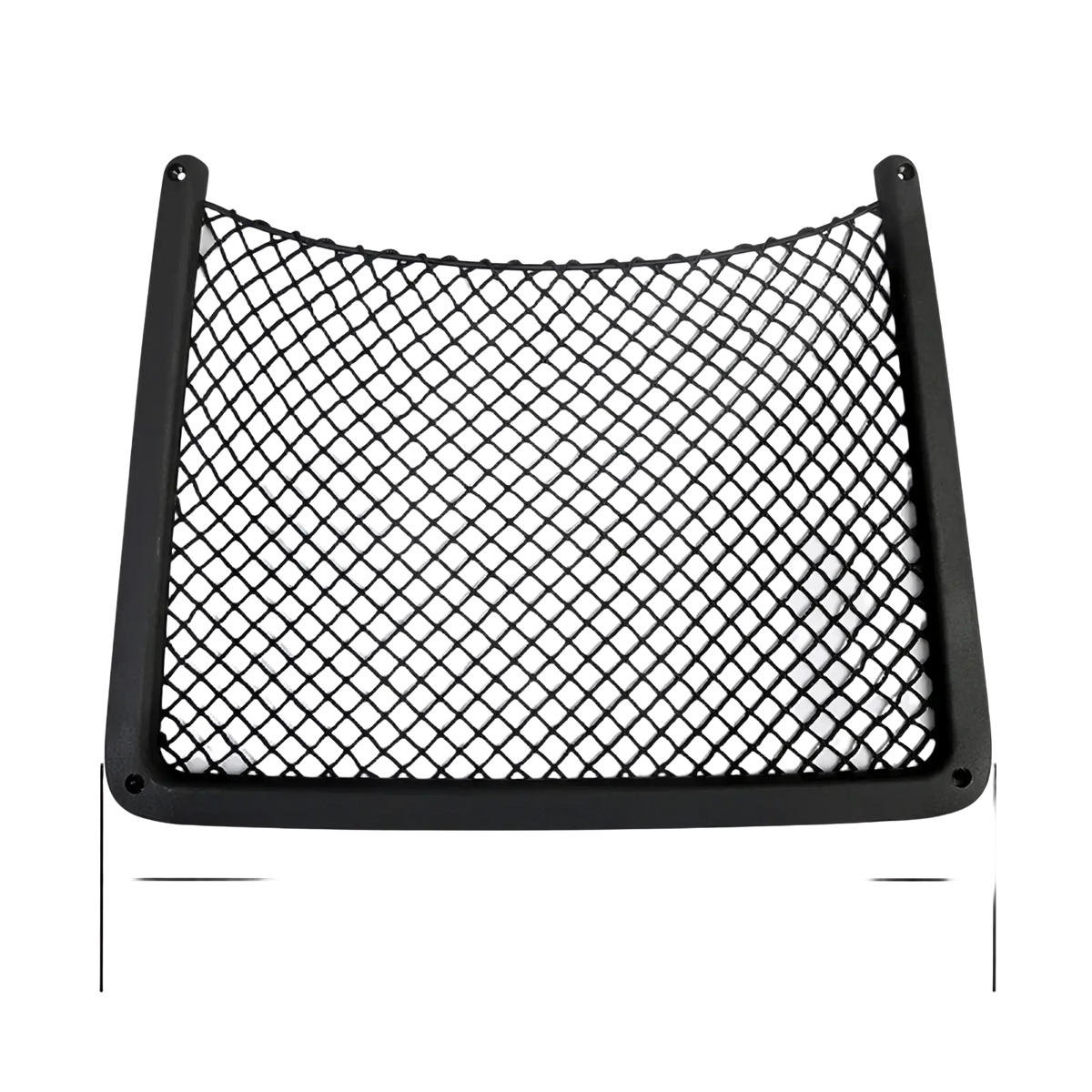 Black mesh audi seat back mesh organizer with sturdy plastic frame shown from the back side for car trunk use