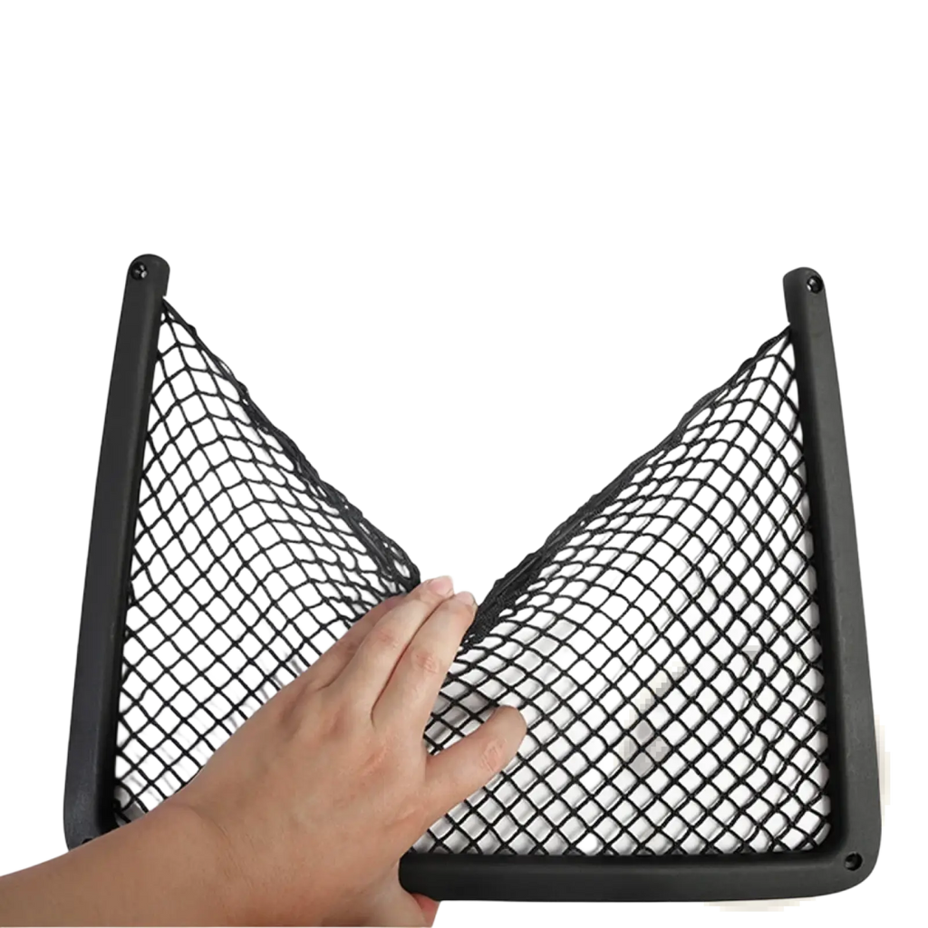 Black mesh audi seat back organizer with reinforced plastic frame for car trunk storage and organization