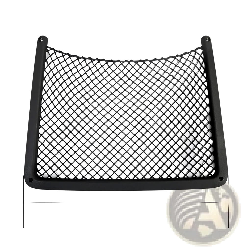 Black mesh audi seat back mesh organizer with sturdy plastic frame shown from the back side for car trunk use