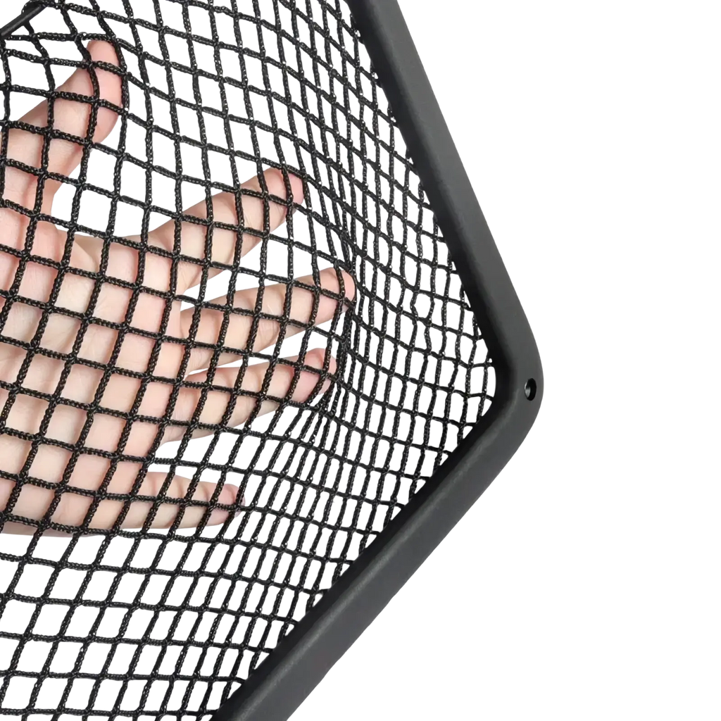 Audi seat back mesh organizer showing black elastic mesh net with sturdy black frame on the back side of the product