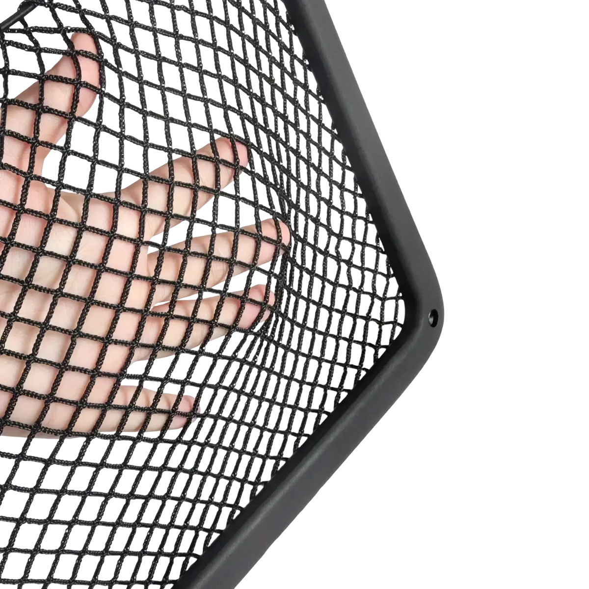Audi seat back mesh organizer showing black elastic mesh net with sturdy black frame on the back side of the product