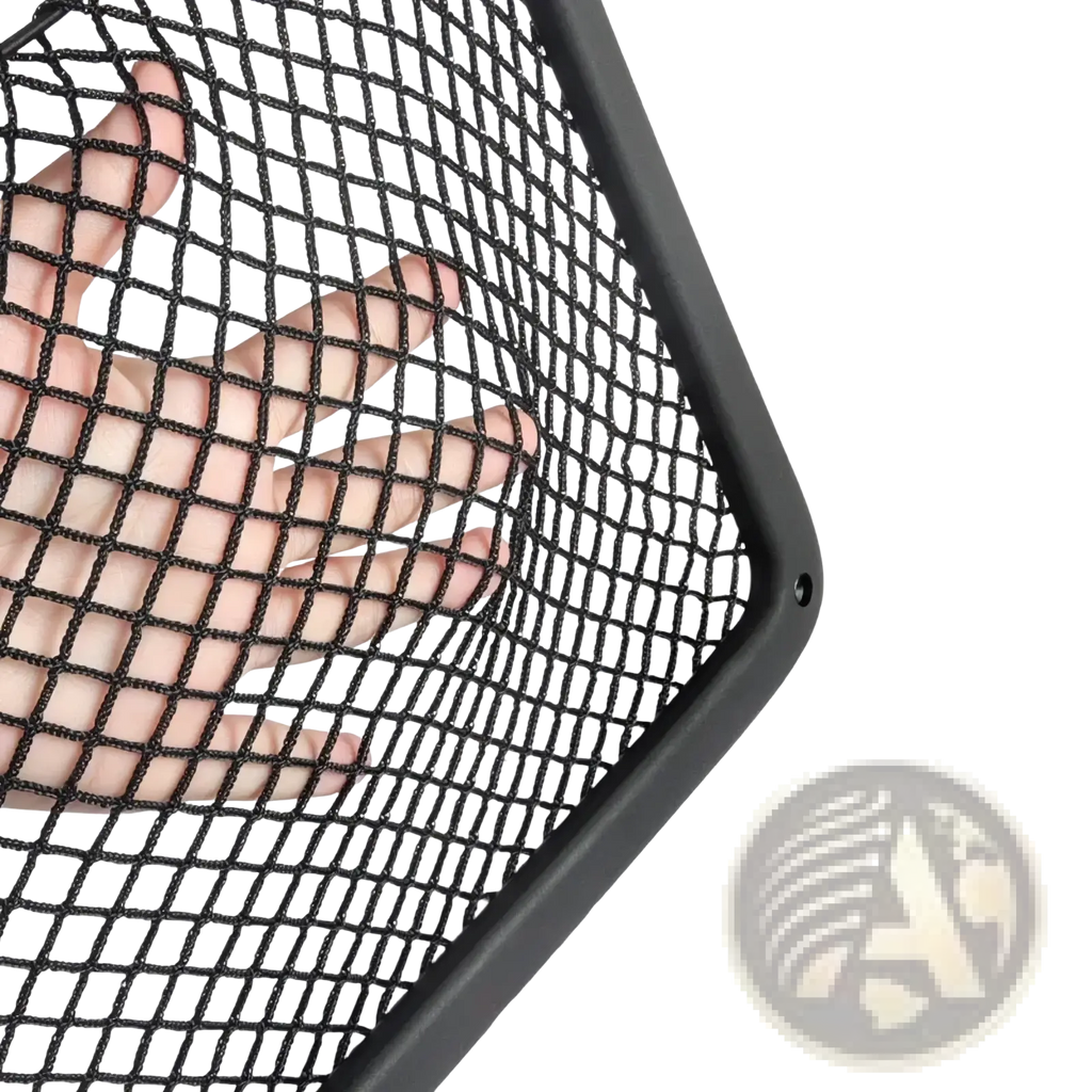 Audi seat back mesh organizer showing black elastic mesh net with sturdy black frame on the back side of the product