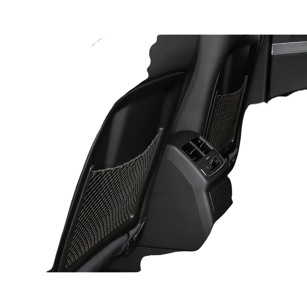 Black mesh storage pocket back side integrated into Audi seat back mesh organizer for car rear door panel