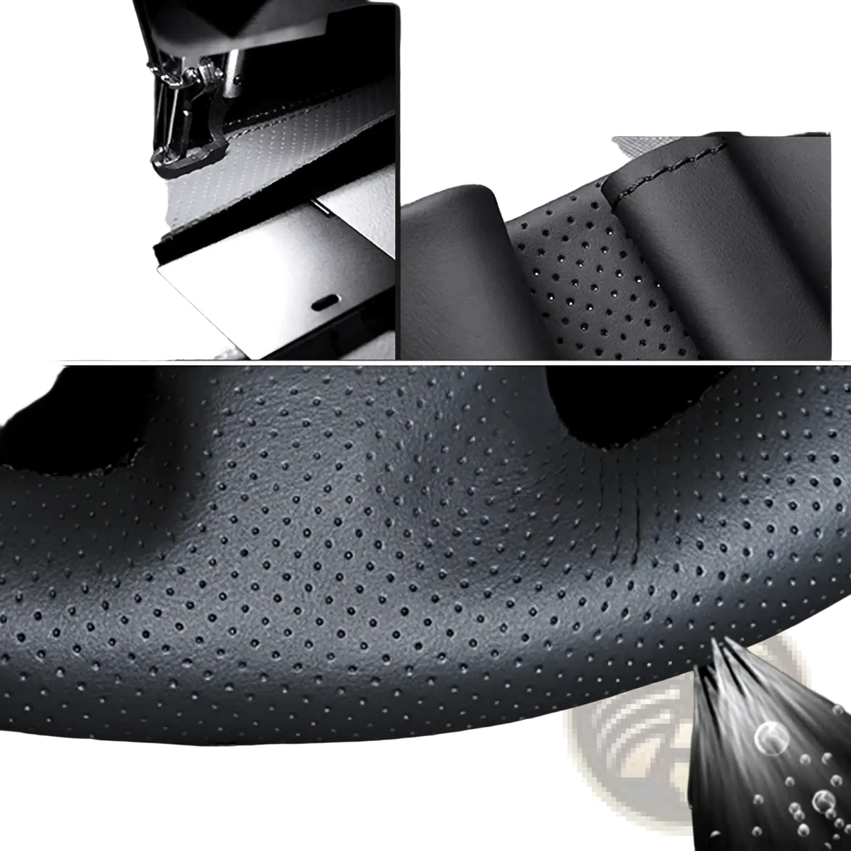 Audi steering wheel cover leather black perforated with red stitching textured surface and precise stitching detail