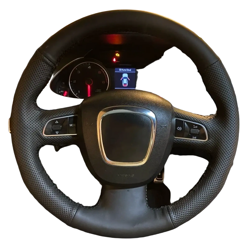 Black perforated leather Audi steering wheel cover with red stitching silver accent center and integrated control buttons