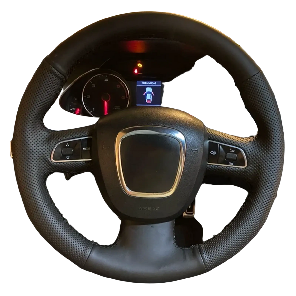 Black perforated leather Audi steering wheel cover with red stitching silver accent center and integrated control buttons