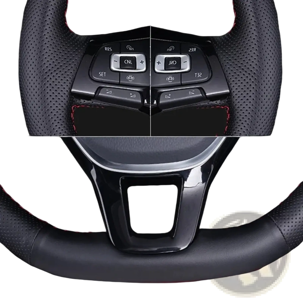 Audi steering wheel cover in black perforated leather with red stitching and glossy black center hub with control buttons