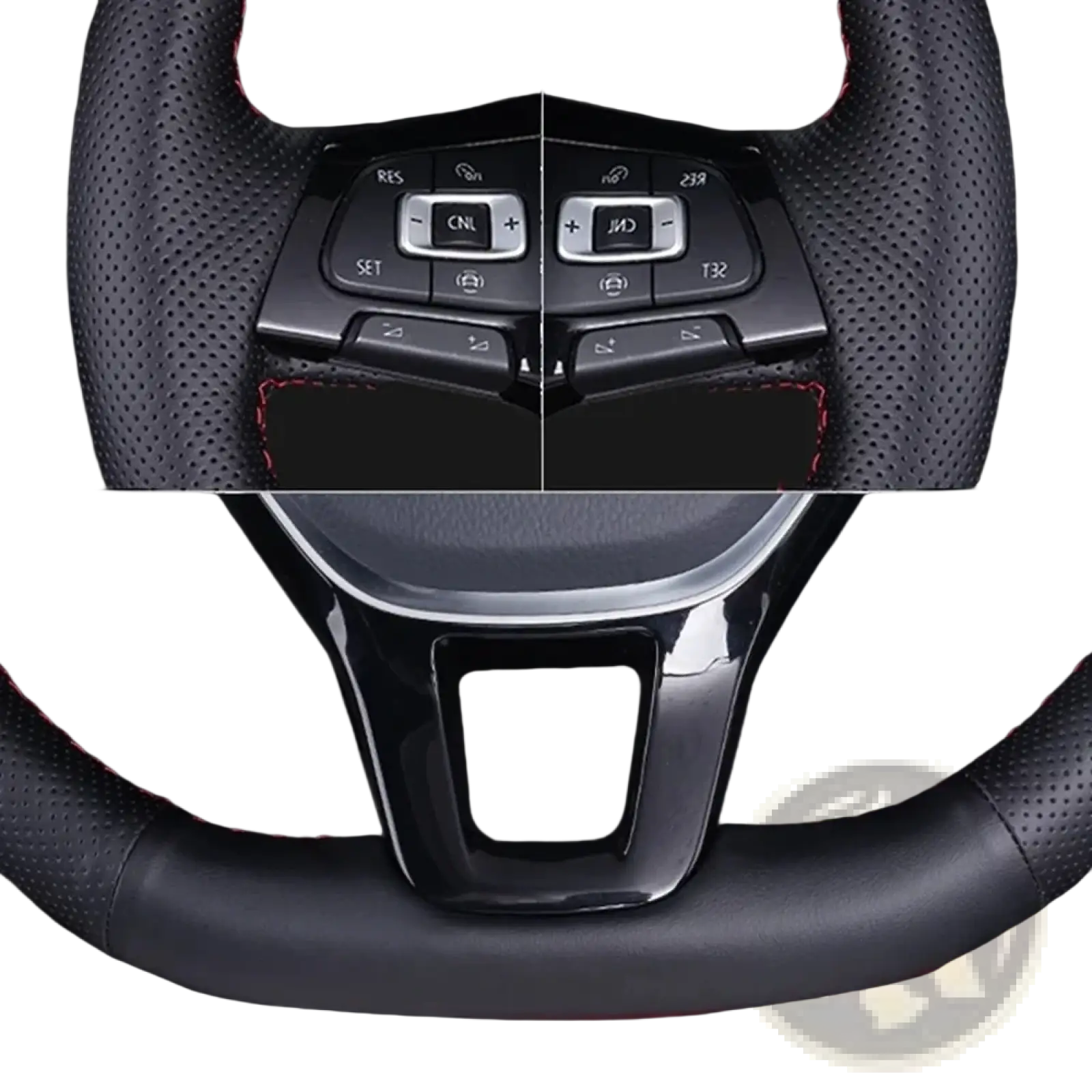 Audi steering wheel cover in black perforated leather with red stitching and glossy black center hub with control buttons