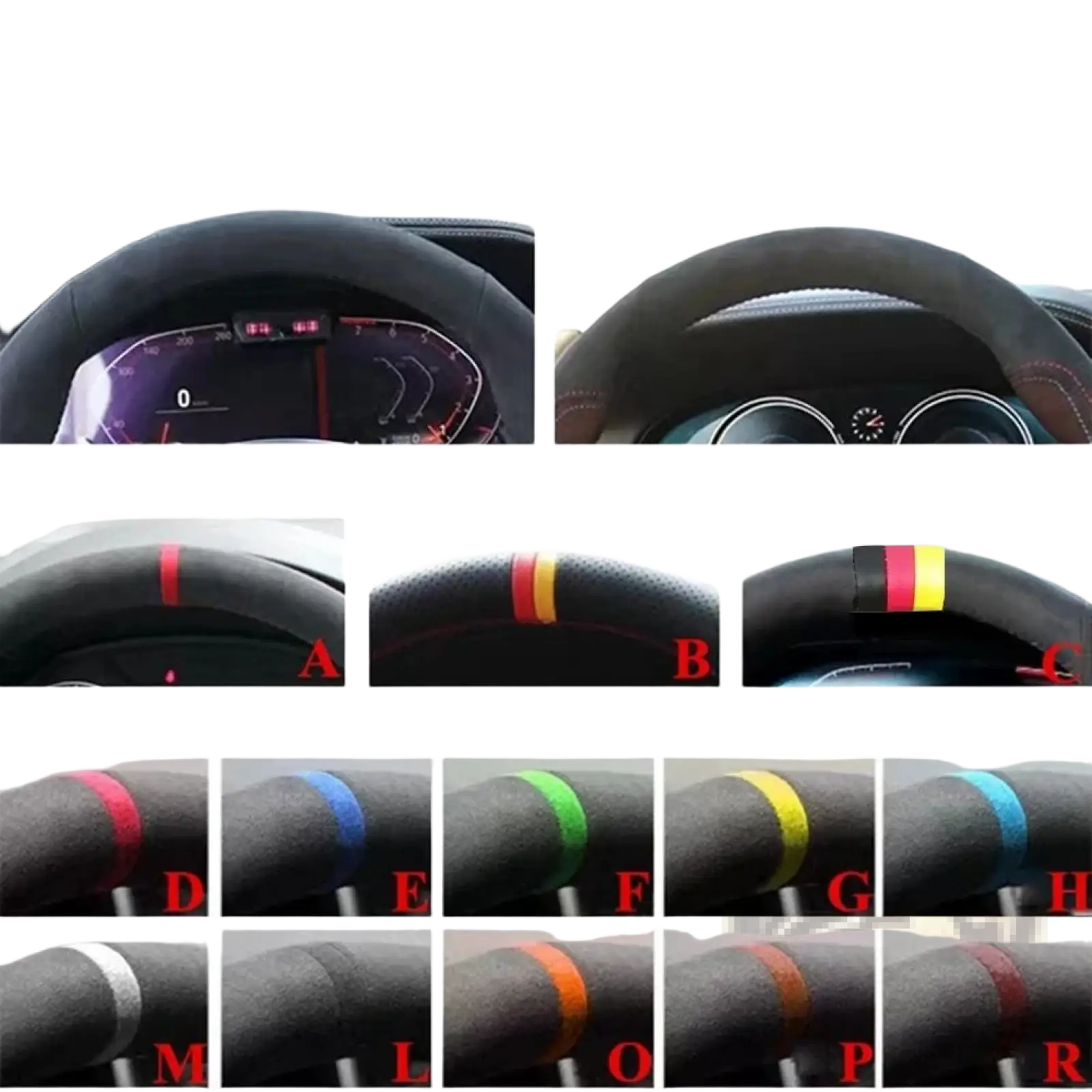 Black suede Audi steering wheel cover with colorful striped accent bands and red leather stitching detail