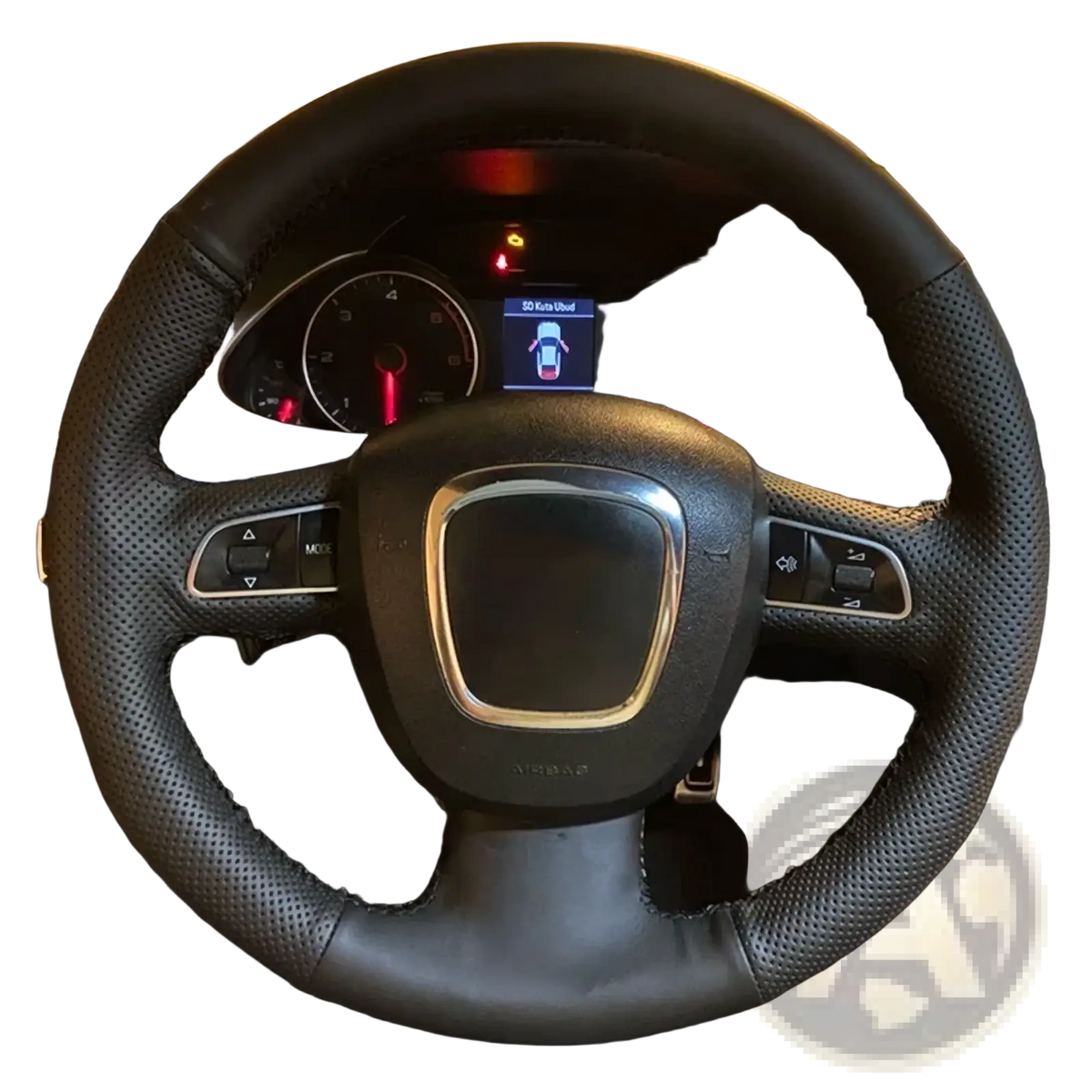 Black perforated leather Audi steering wheel cover with red stitching silver accent center and integrated control buttons