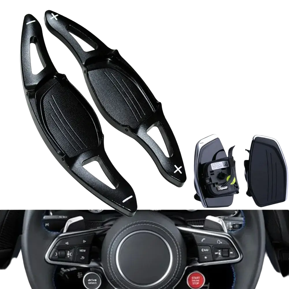 Black carbon fiber Audi steering wheel paddle shifters with textured grip for Rs3 Rs4 Rs5 and R8 models