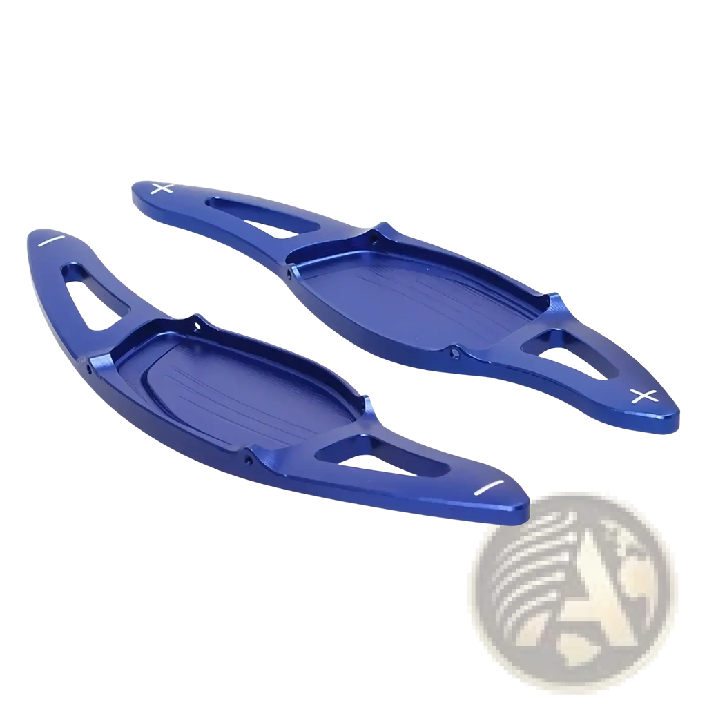 Blue anodized aluminum audi steering wheel paddle shifters with ergonomic design and cutout patterns for rs3 rs4 rs5 r8