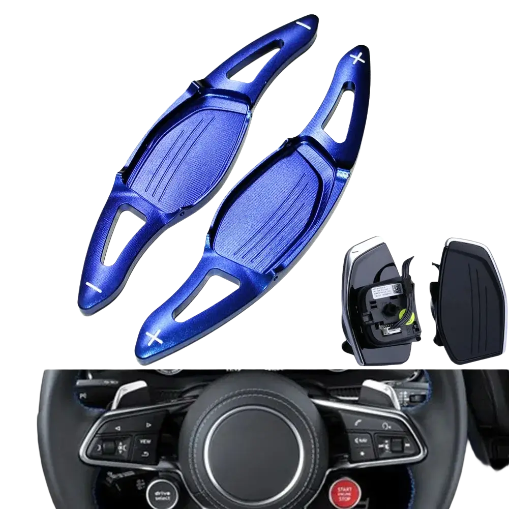 Blue metallic audi steering wheel paddle shifters with textured grip and directional symbols for rs3 rs4 rs5 r8 models