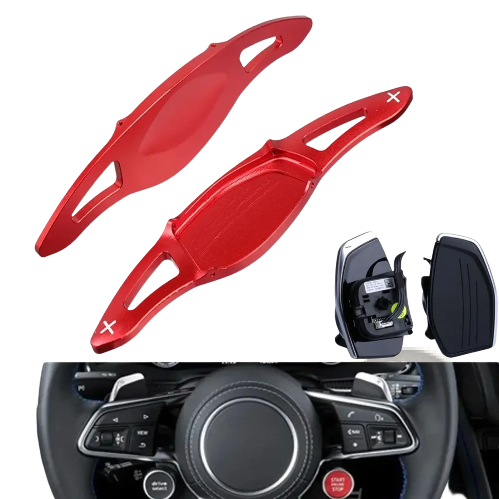 Red aluminum alloy audi steering wheel paddle shifters with ergonomic design and cutout accents for rs3 rs4 rs5 r8
