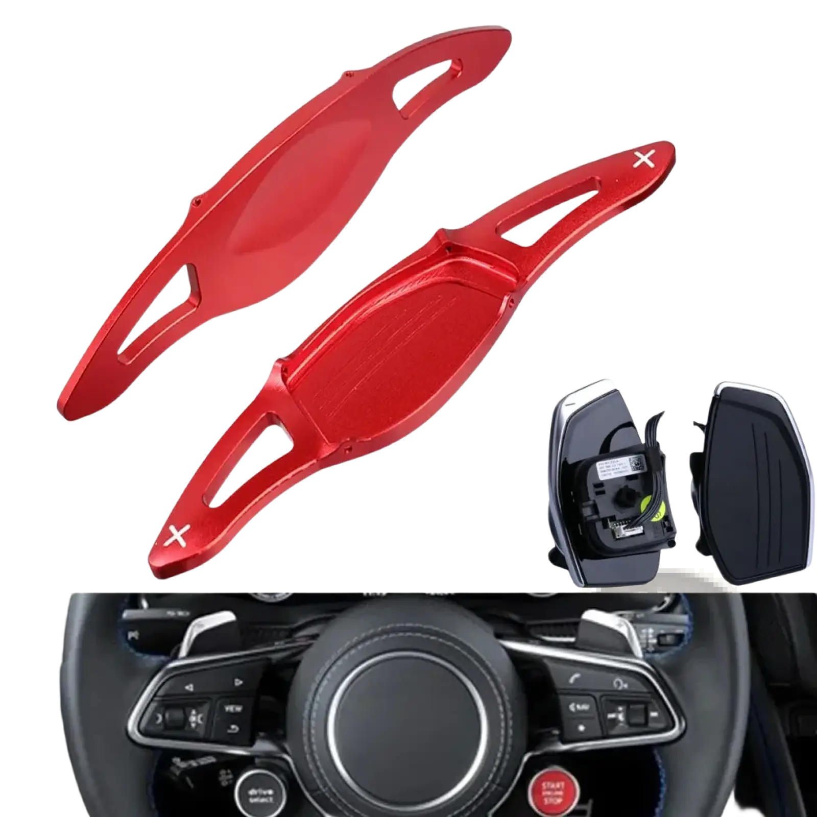 Red aluminum alloy audi steering wheel paddle shifters with ergonomic design and cutout accents for rs3 rs4 rs5 r8