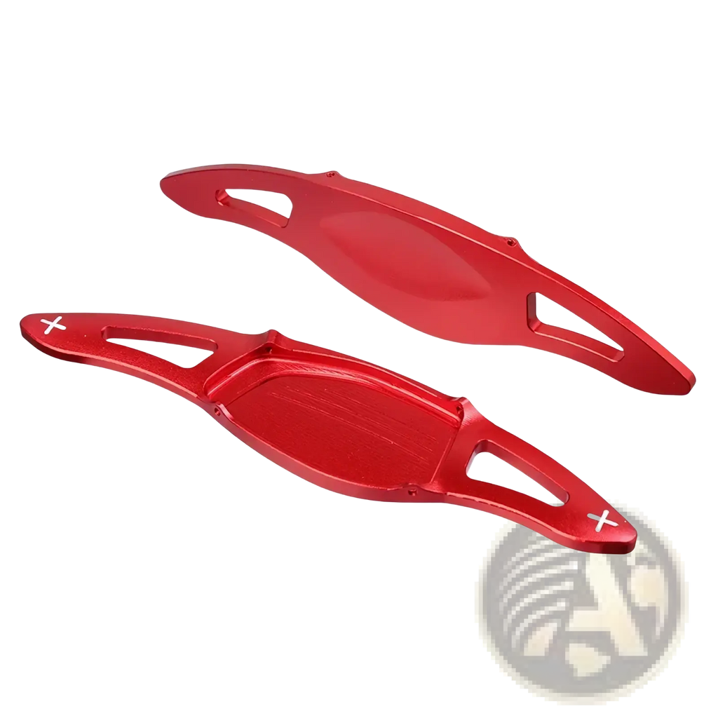 Red aluminum alloy audi steering wheel paddle shifters with sleek modern design and cutout accents for rs3 rs4 rs5 r8