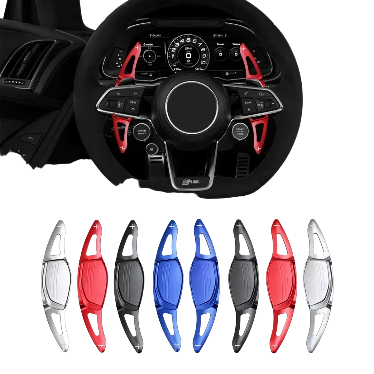 Audi steering wheel paddle shifters rs3 rs4 rs5 r8 red and black with sleek glossy finish for enhanced driving control