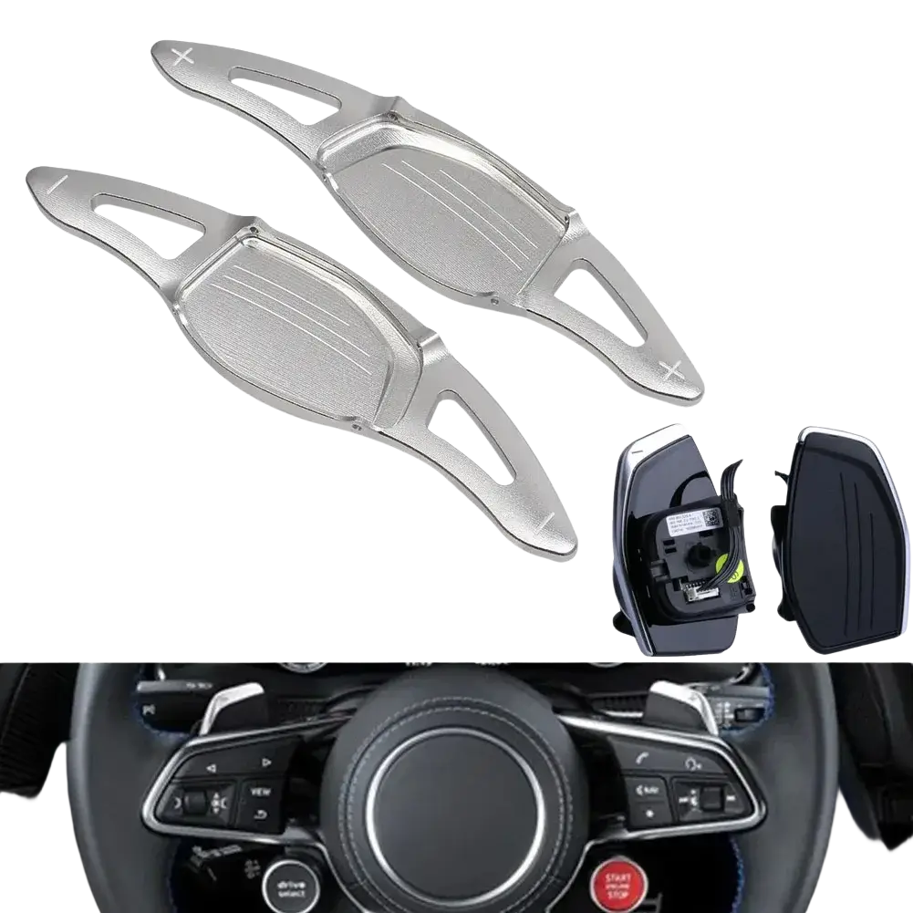 Silver metallic Audi steering wheel paddle shifters with textured grip and aerodynamic design for Rs3 Rs4 Rs5 R8 models