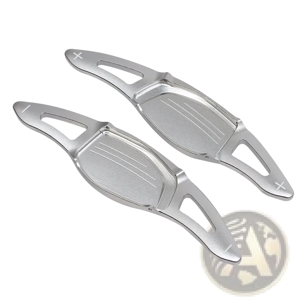 Silver metallic brushed finish audi steering wheel paddle shifters with angular ergonomic design for rs3 rs4 rs5 r8