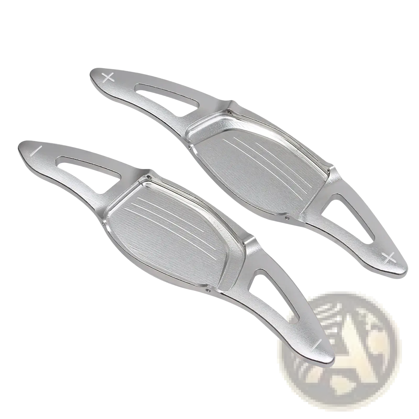 Silver metallic brushed finish audi steering wheel paddle shifters with angular ergonomic design for rs3 rs4 rs5 r8