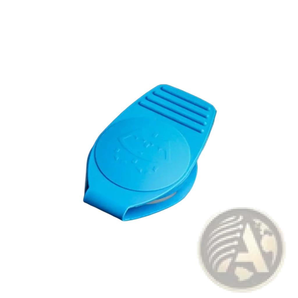 Audi windshield washer fluid reservoir cap made of bright blue plastic with a textured ribbed top and embossed logo