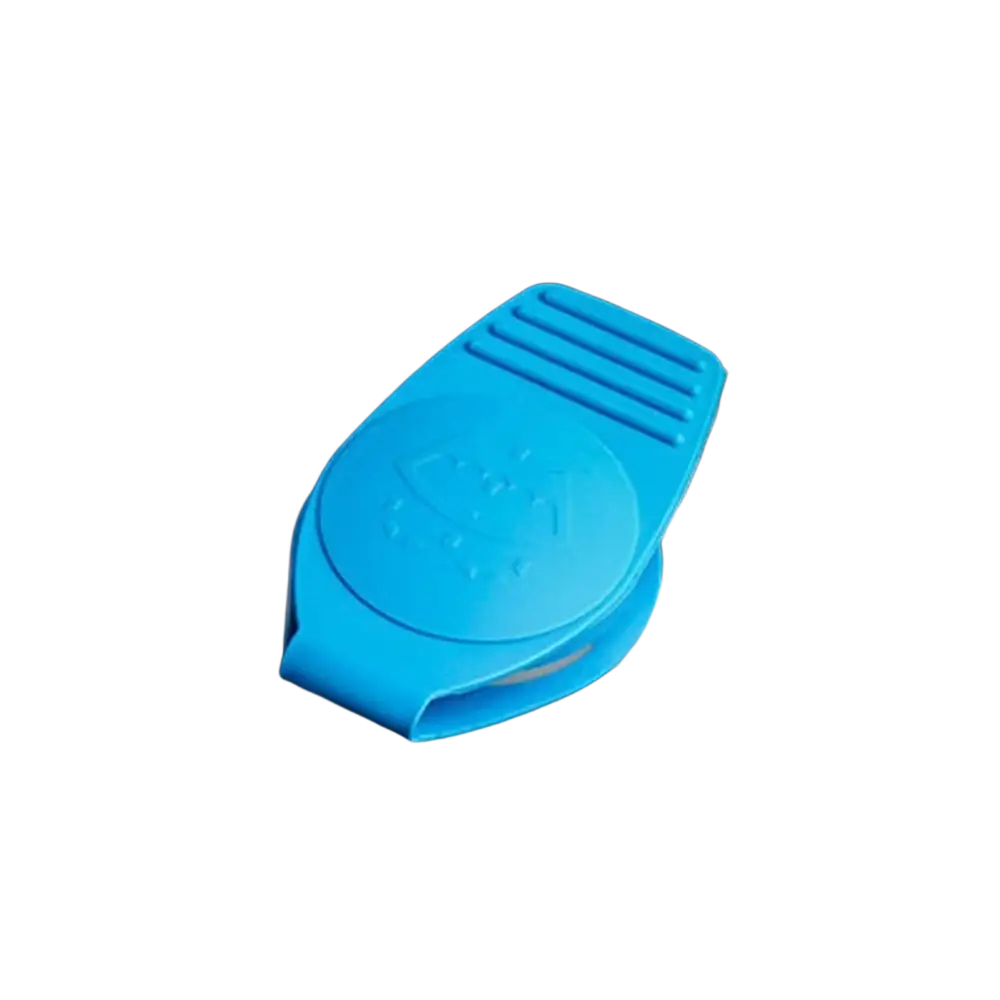 Audi windshield washer fluid reservoir cap made of bright blue plastic with a textured ribbed top and embossed logo
