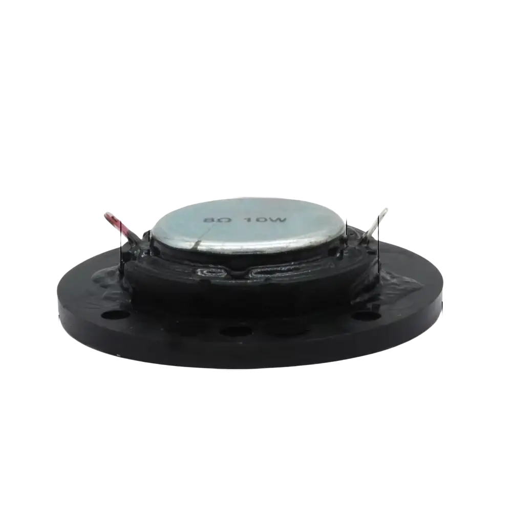 Black circular 52mm auin hifi tweeter speaker driver back side with silver top plate marked 80 10w and wire terminals