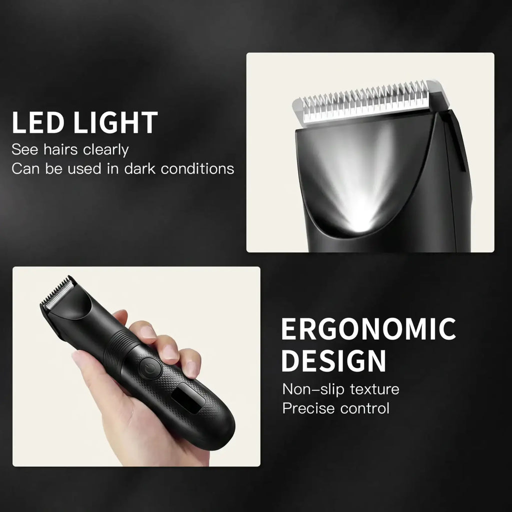 Black ergonomic electric waterproof groin hair trimmer for men with led light for clear visibility in dark conditions