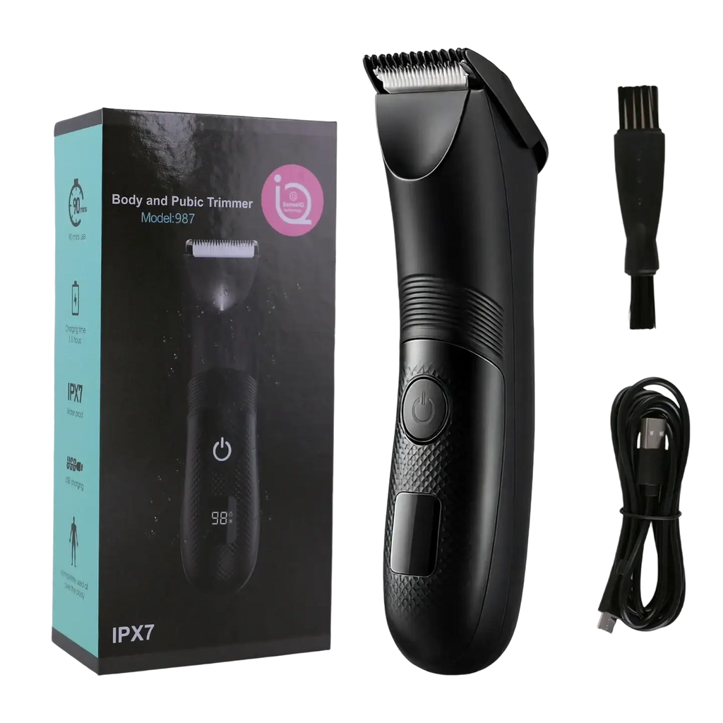 Black authone 987 waterproof groin hair trimmer for men with textured grip handle and metallic blade