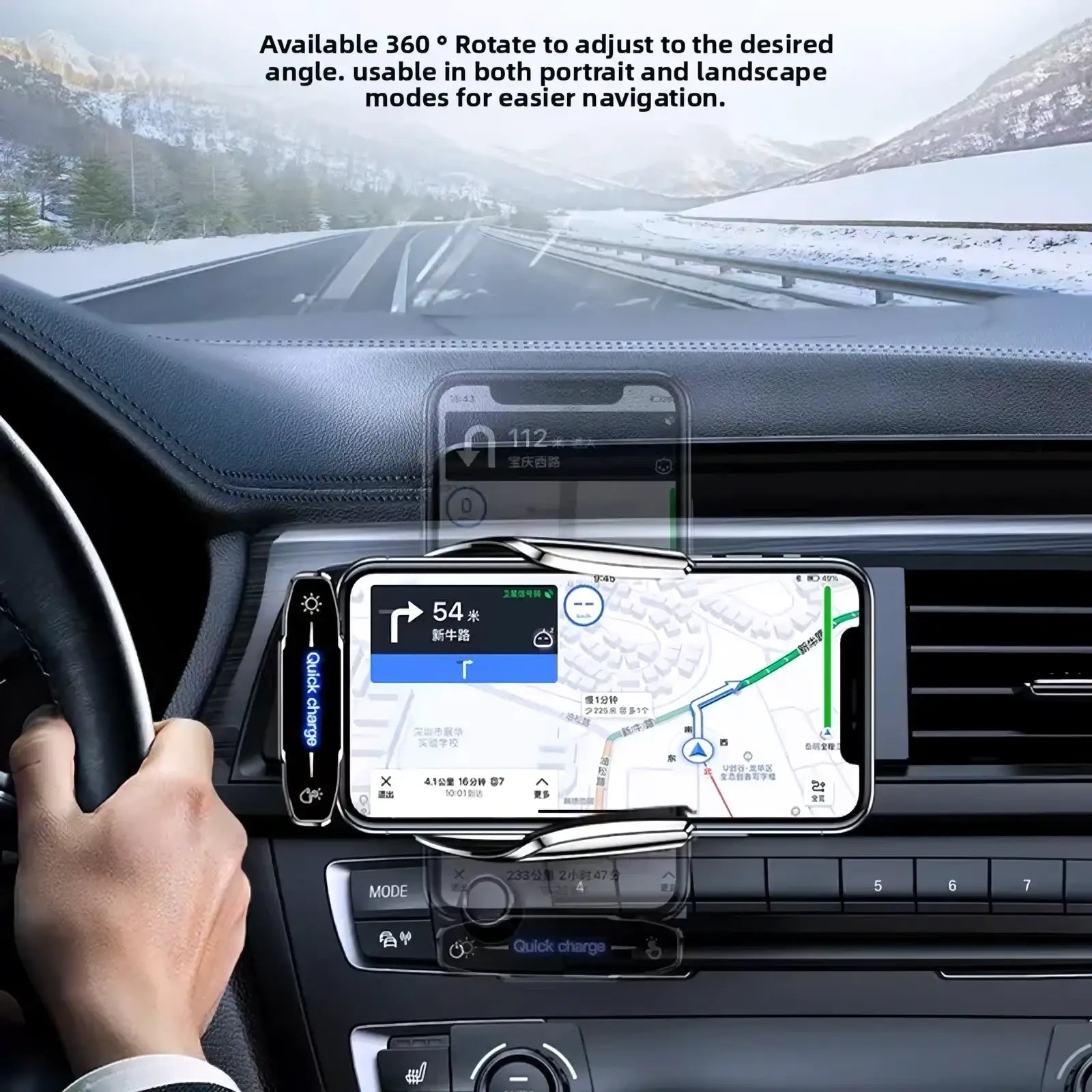 Black and silver auto clamping wireless car charger phone mount with quick charge feature for hands free use