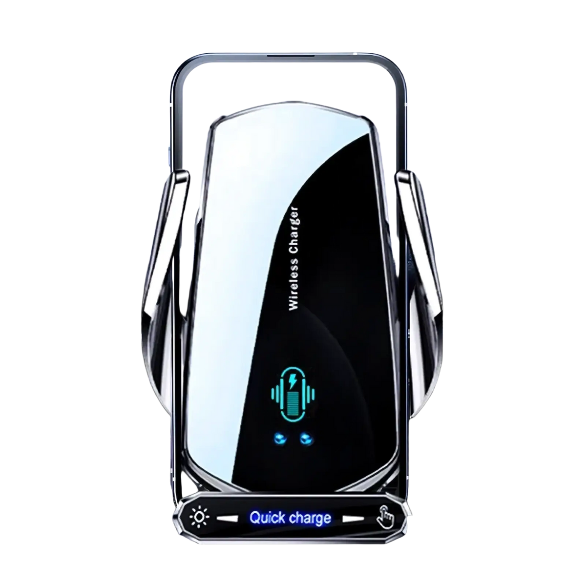 Silver auto clamping wireless car charger phone mount with minimalist design and magnetic clamping arms for secure holding