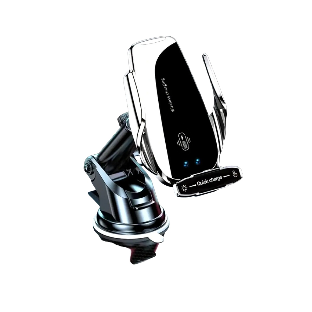 Silver auto clamping wireless car charger phone mount with sleek metallic finish and adjustable arm for secure placement