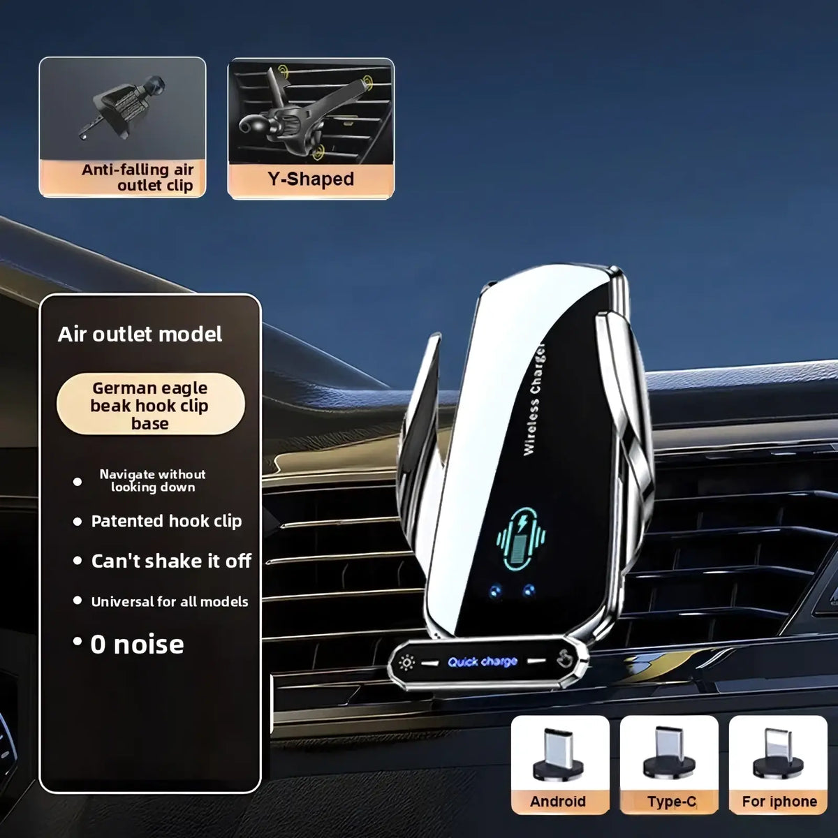 Silver and black auto clamping wireless car charger phone mount with sleek y-shaped design for air vent attachment