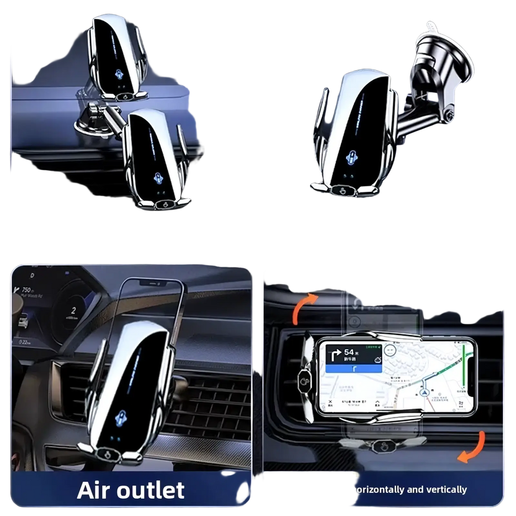 Silver and black wireless car charger phone mount with sleek modern design for versatile auto clamping use
