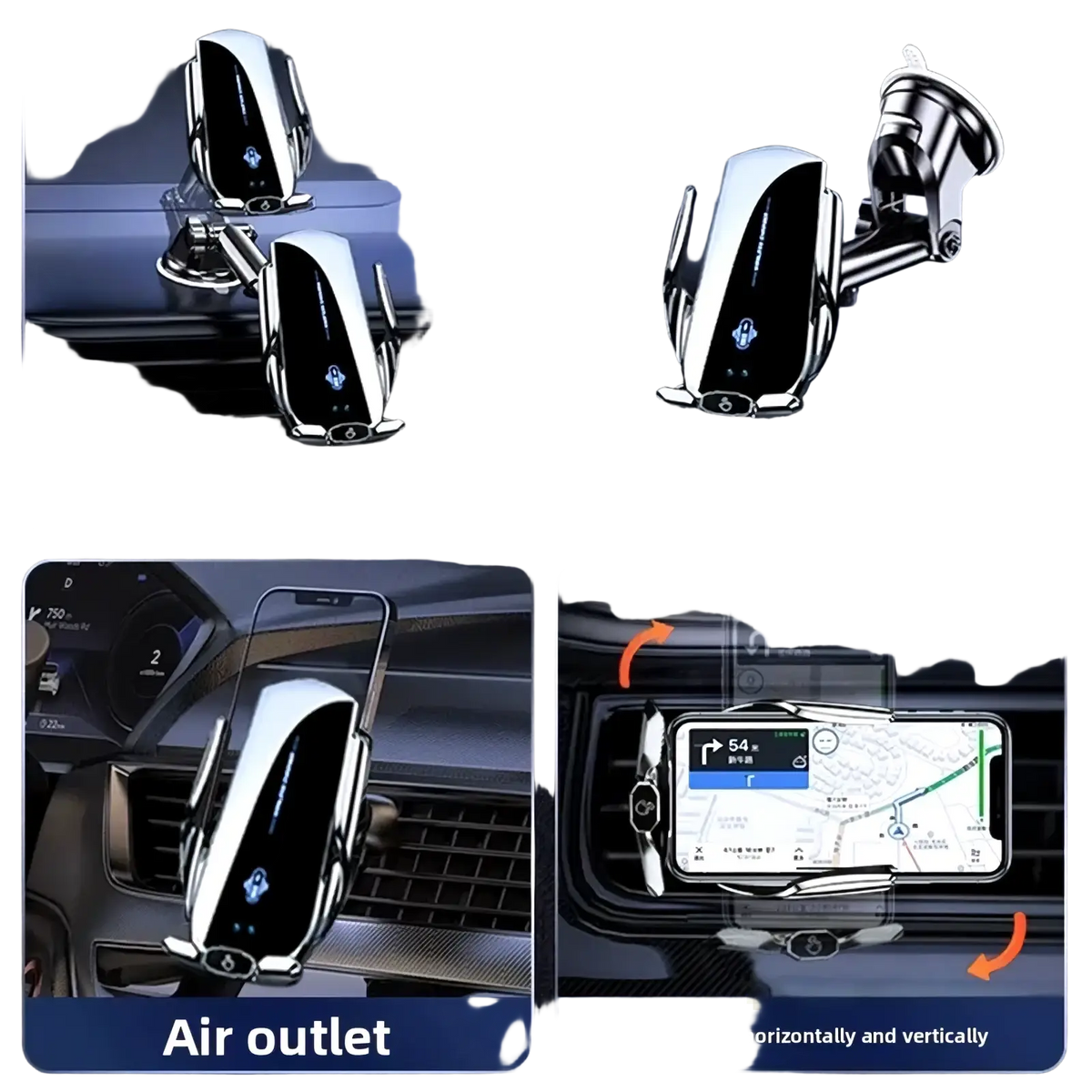 Silver and black wireless car charger phone mount with sleek modern design for versatile auto clamping use
