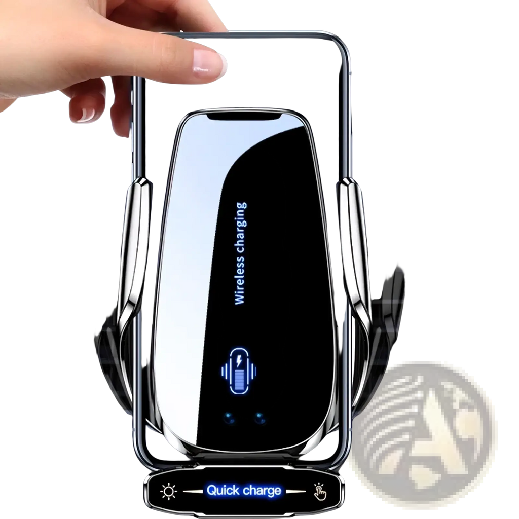 A sleek silver auto clamping wireless car charger phone mount with quick charge illuminated button and modern design