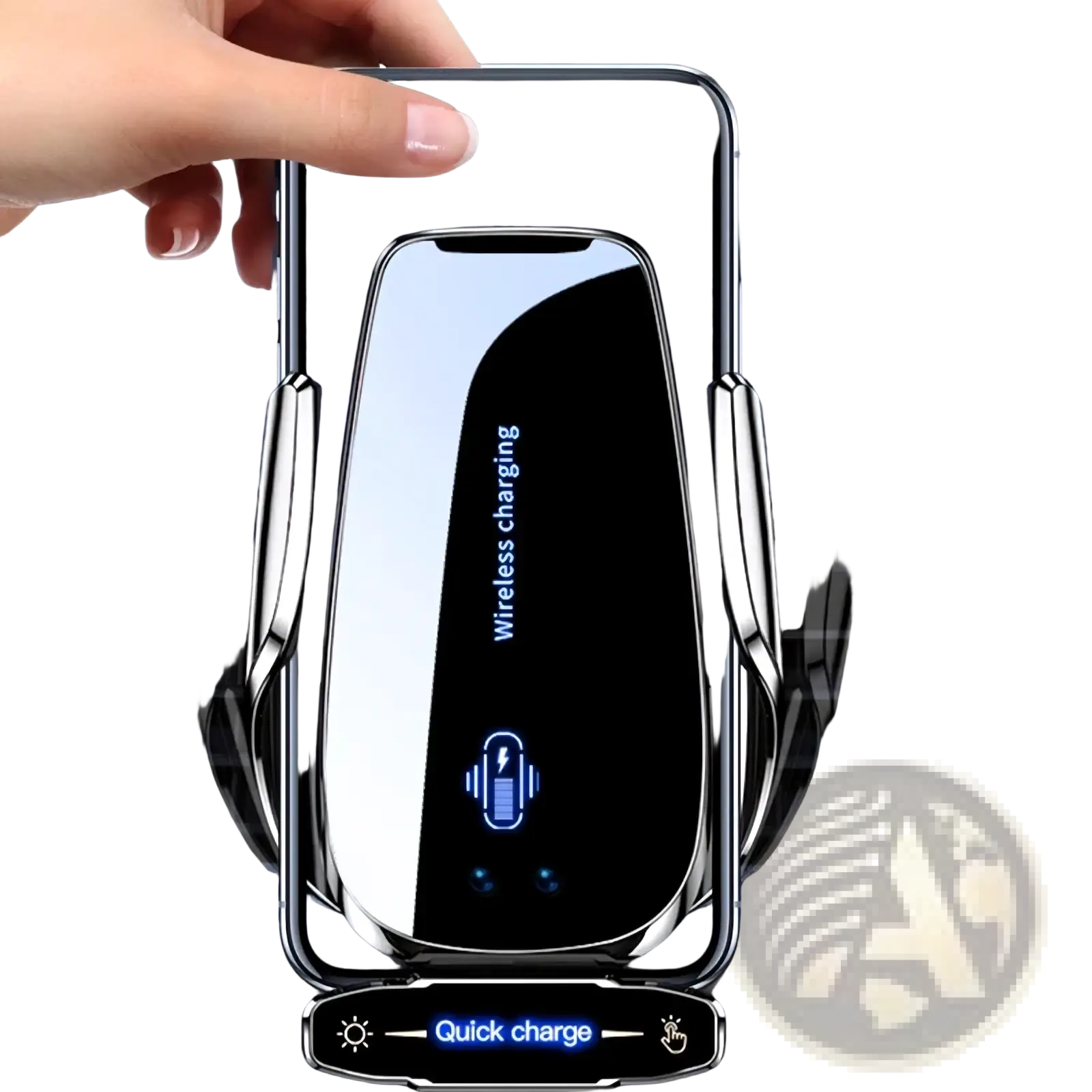 A sleek silver auto clamping wireless car charger phone mount with quick charge illuminated button and modern design