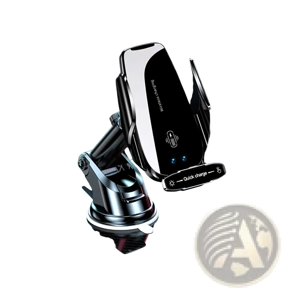 Black auto clamping wireless car charger phone mount with suction cup base and adjustable arm for secure charging