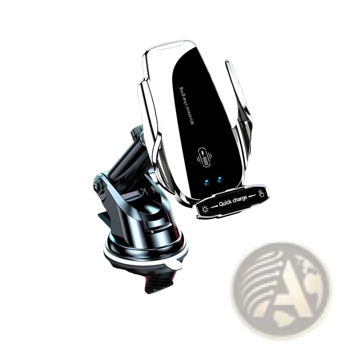 Silver auto clamping wireless car charger phone mount with sleek metallic finish and adjustable arm for secure placement
