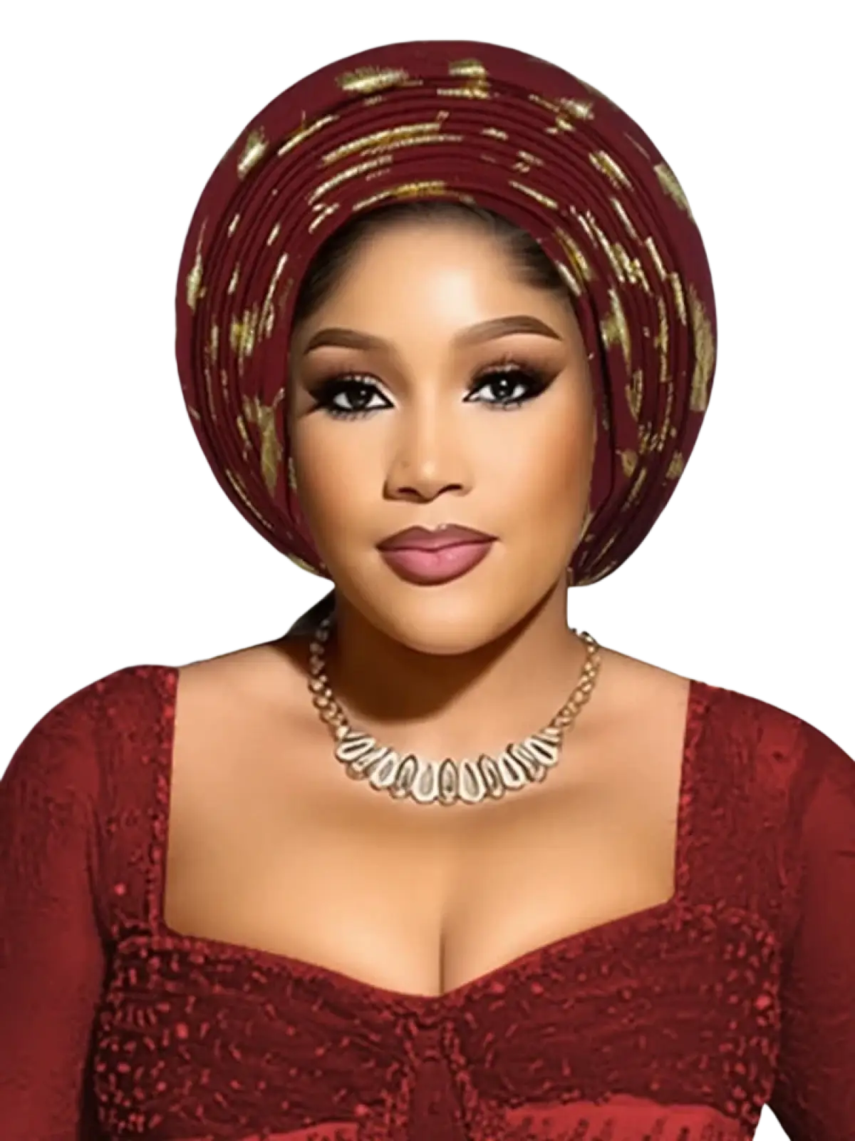 Auto gele headtie Nigerian wedding headwrap in rich maroon with intricate gold embroidery elegantly wrapped