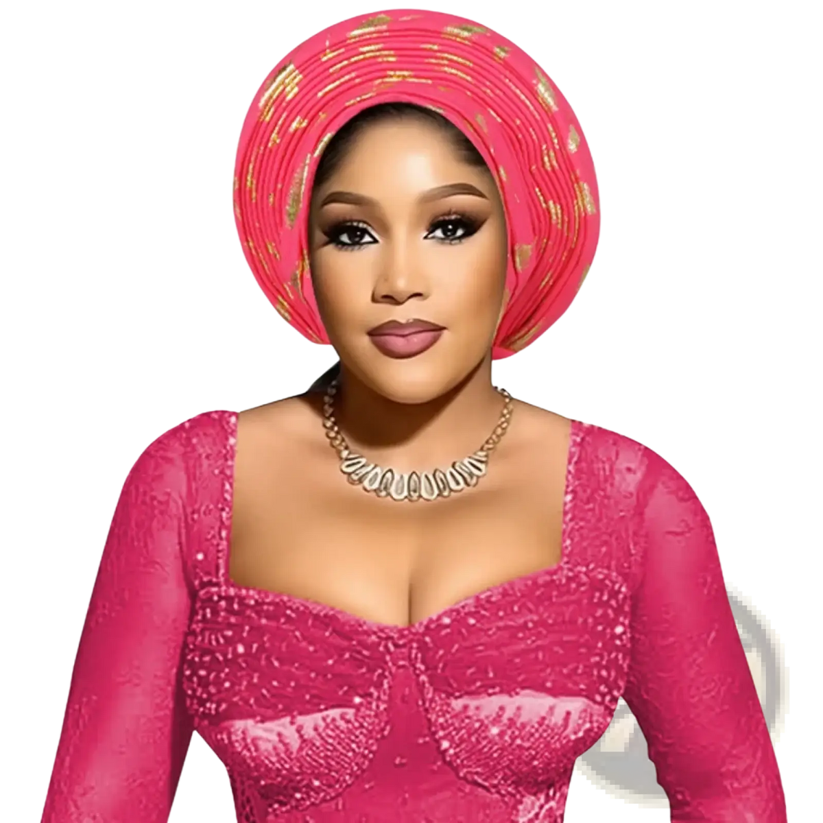 Vibrant pink auto gele headtie with gold embroidered patterns for Nigerian wedding headwrap use