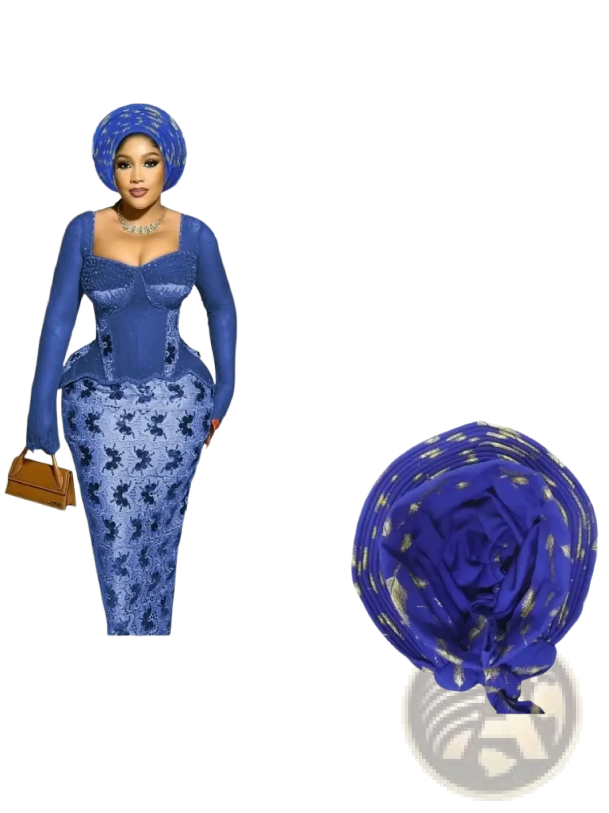 Vibrant royal blue auto gele headtie with intricate gold foil floral embroidery and gathered ruched design for nigerian weddings