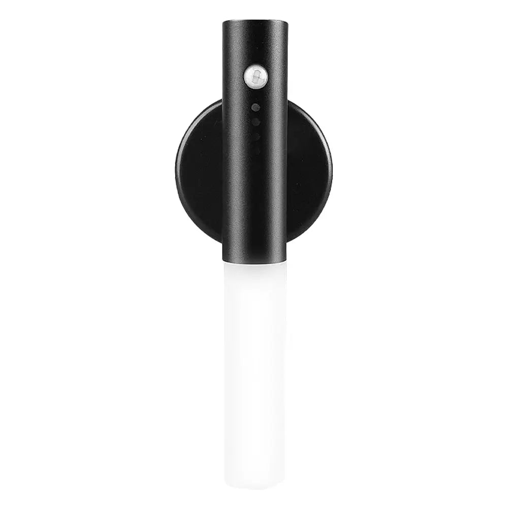 Black cylindrical magnetic wooden motion sensor led night light with matte finish and circular wall-mounted base