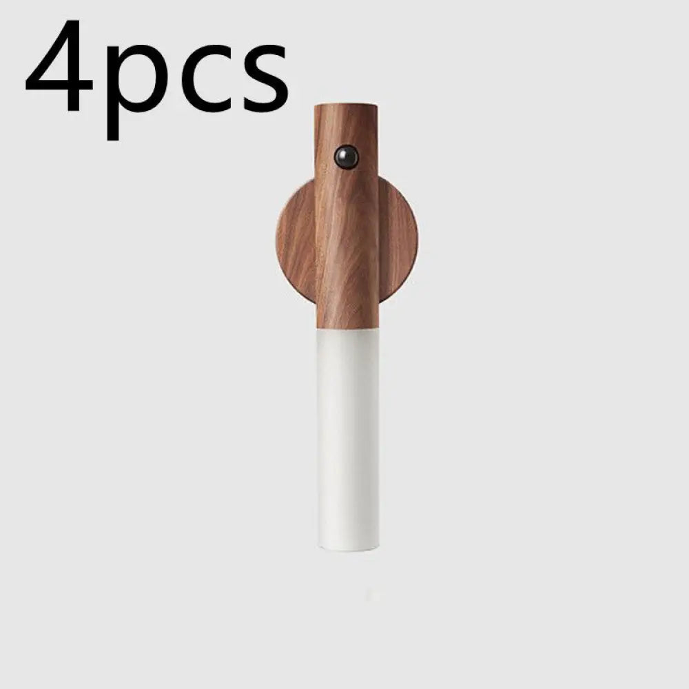 Magnetic wooden motion sensor led night light with wooden and white cylindrical wall-mounted lamp and circular base