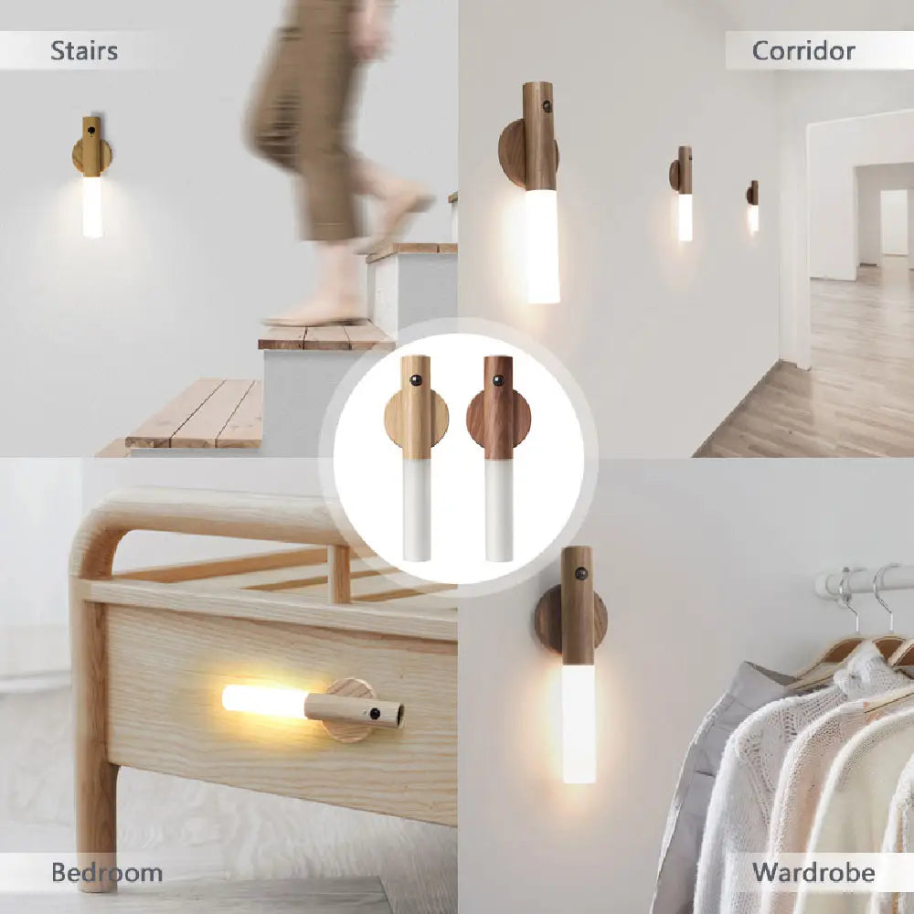 Magnetic wooden motion sensor LED night light with wooden finish and white cylindrical light tube wall sconce