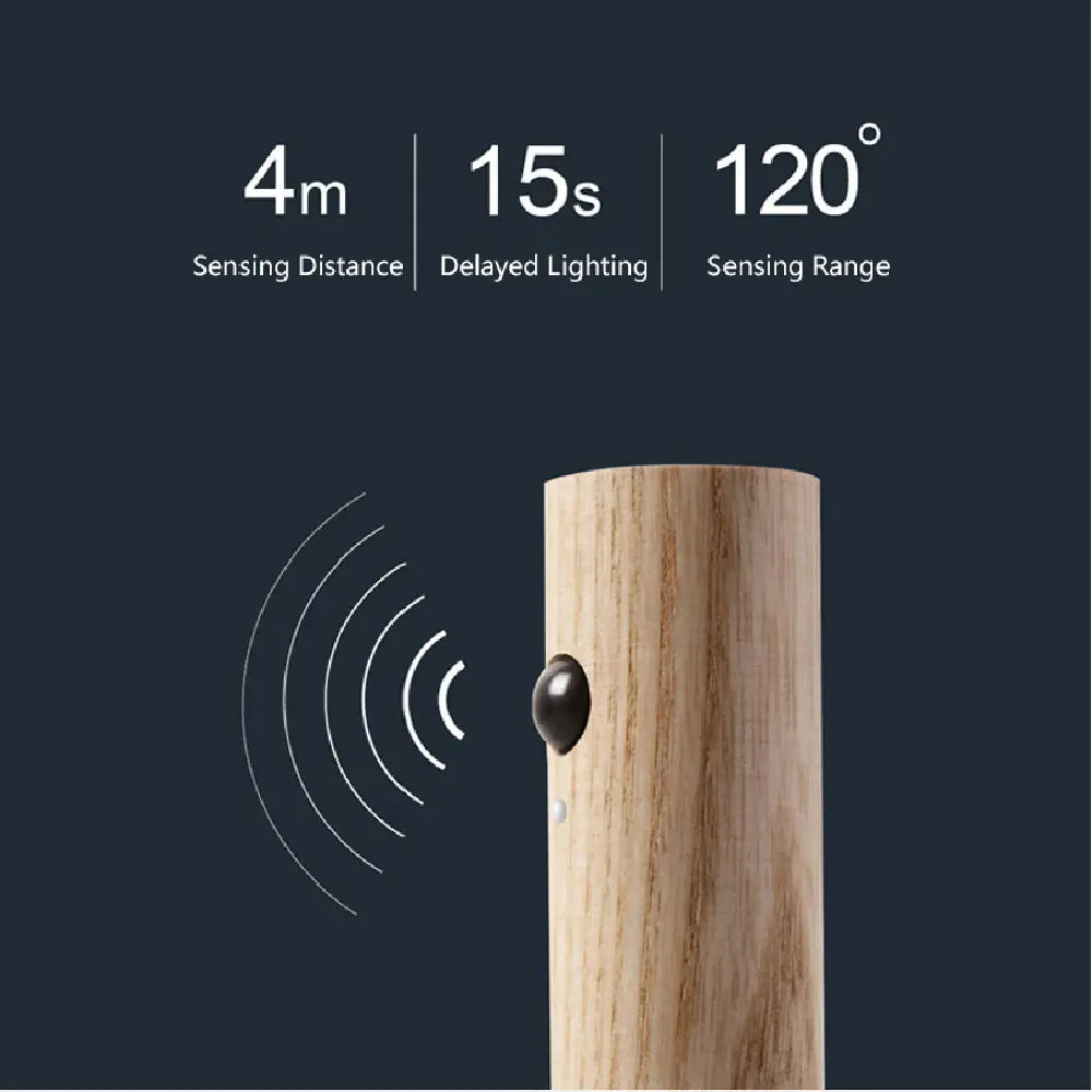 Wooden cylindrical magnetic motion sensor led night light with black circular component mounted on the side