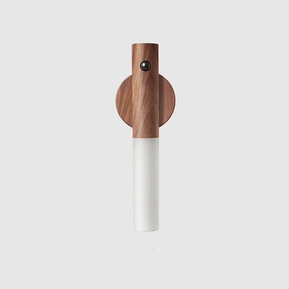 Magnetic wooden motion sensor led night light wall sconce with warm brown wooden top and white cylindrical fixture