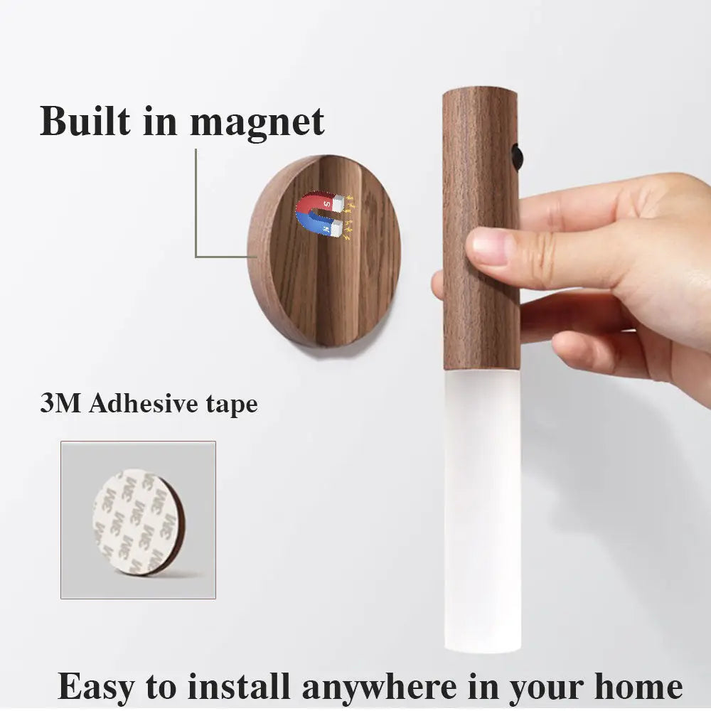 Magnetic wooden motion sensor led night light with wooden handle and frosted glass diffuser mounted on wall