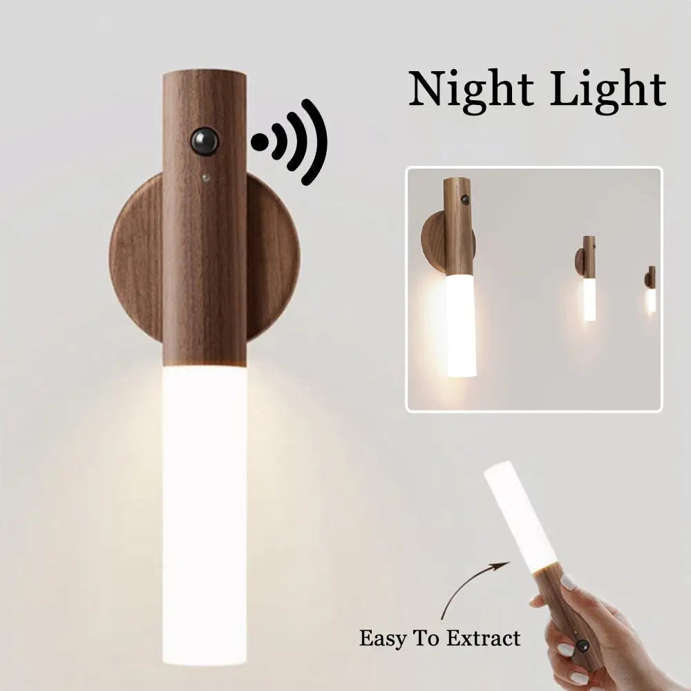 Magnetic wooden motion sensor led night light with cylindrical matte finish and translucent white diffuser emitting soft light