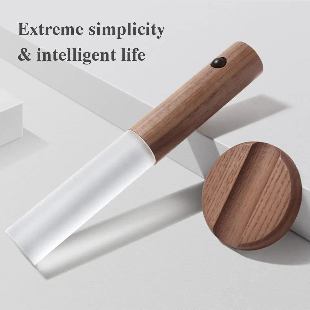 Magnetic wooden motion sensor led night light with translucent white ceramic candle snuffer and wooden handle base
